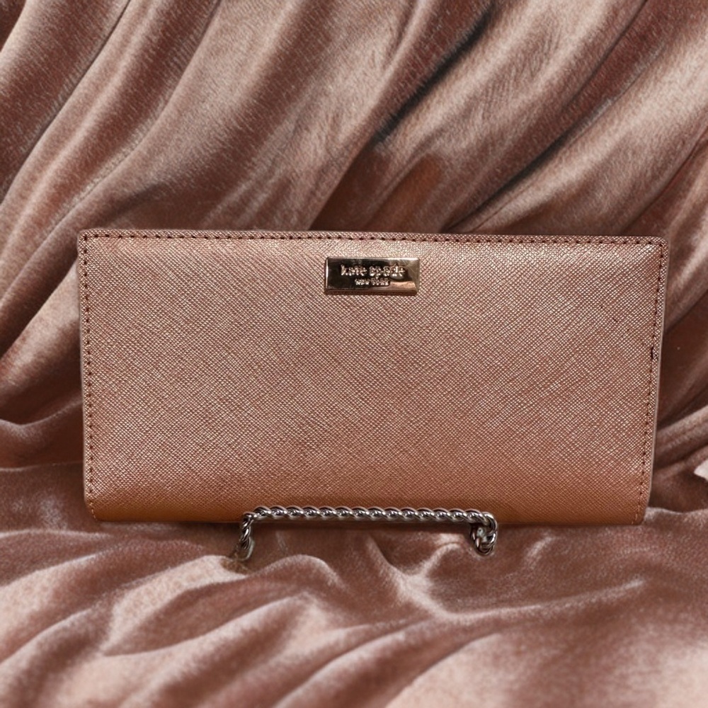 NEW kate spade Metallic Pink Rose Gold Wallet Logo Plaque Stacey Laurel Way NWT - Picture 13 of 15